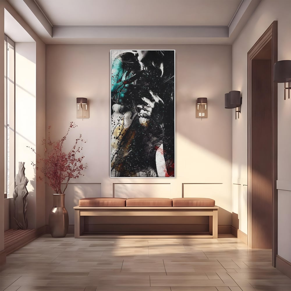 Tablou canvas cu tablou canvas cu silueta feminina si culori abstracte, in rama de aluminiu argintiu